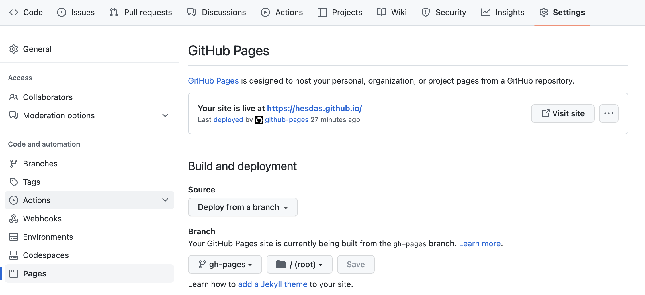 how to set default branck of gh-pages